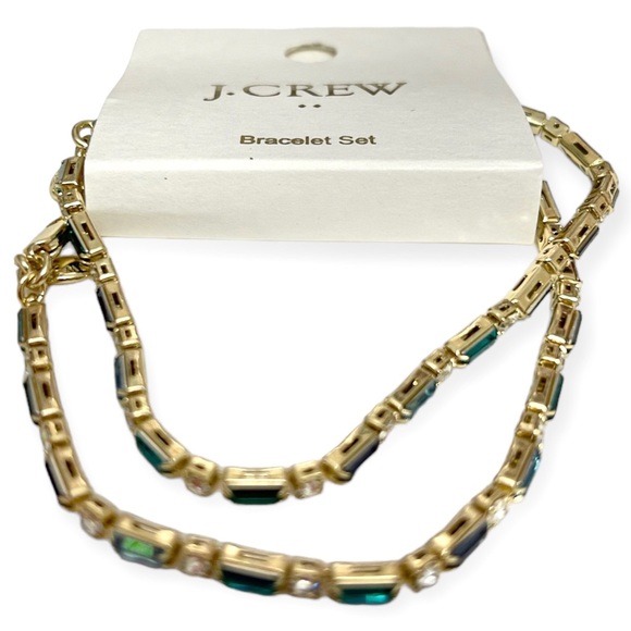 J. CREW Tennis Bracelets Baguette Round Crystal CZ Set of 2 Blue Green Clear NWT - Picture 2 of 5